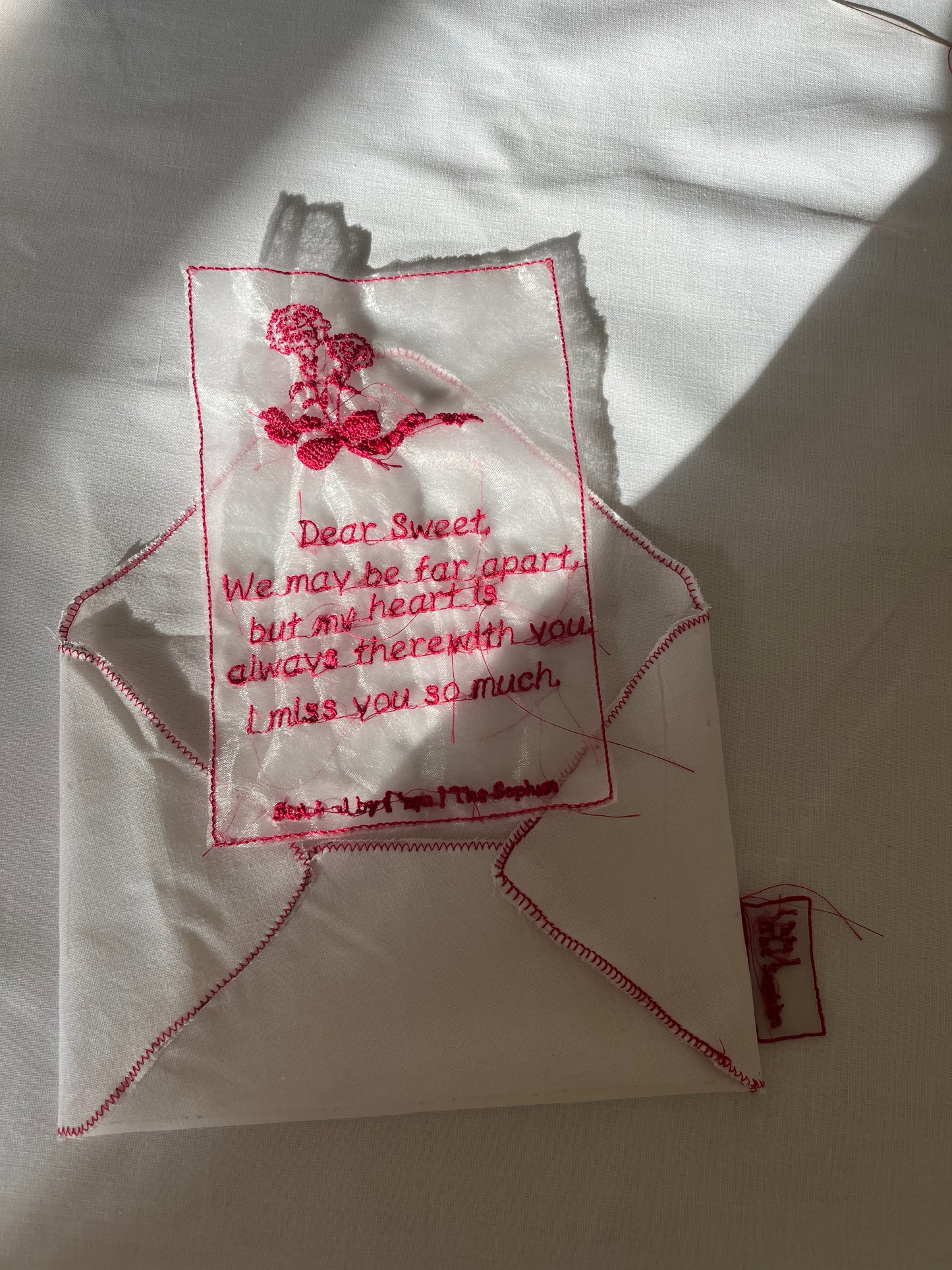 Handcrafted personalised embroidery letter on fabric with cotton envelope