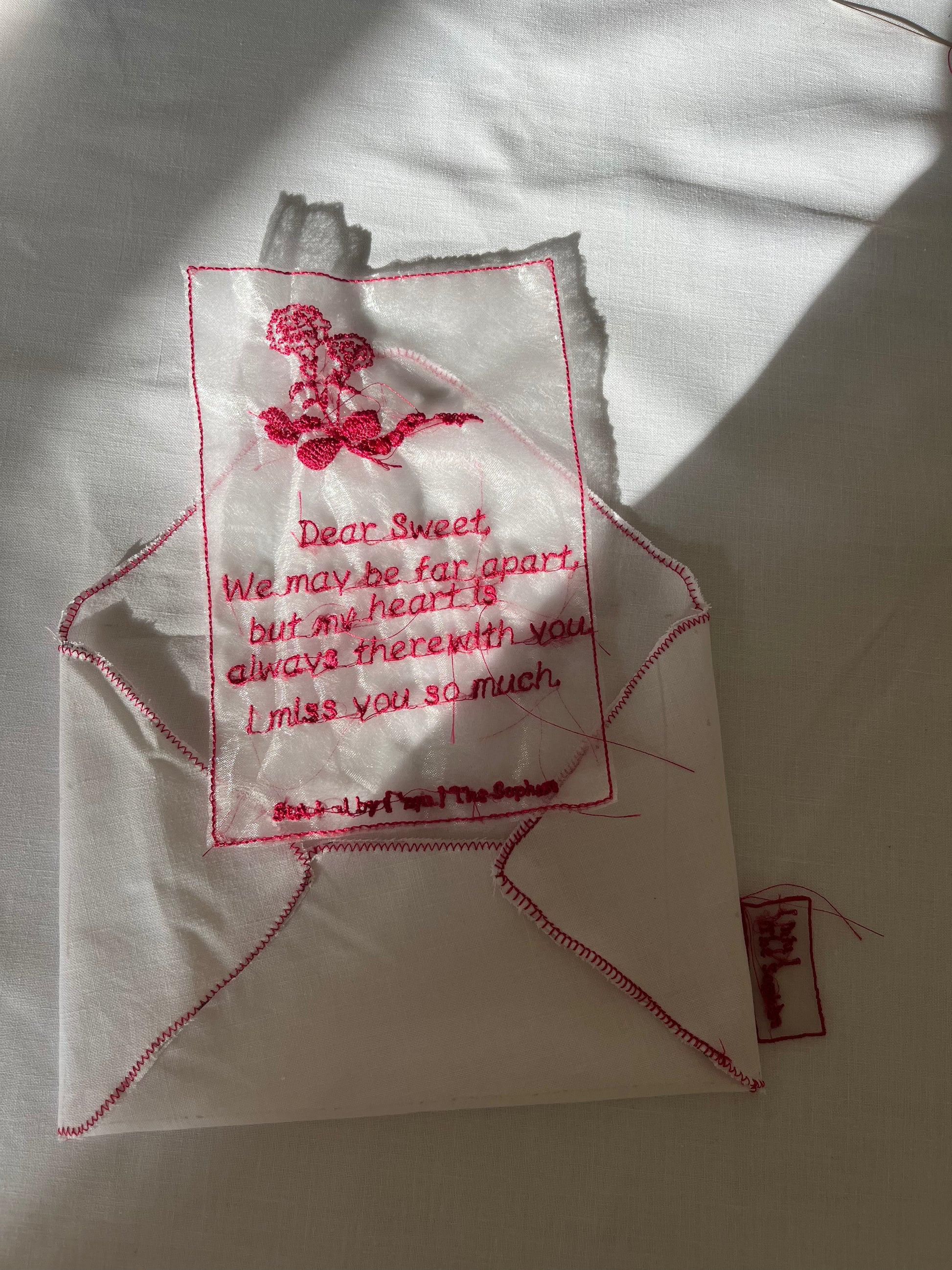 Handcrafted personalised embroidery letter on fabric with cotton envelope